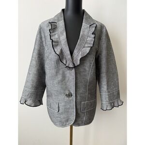 Ann Trinity Womens L Jacket Blazer Ruffle Collar Gray/Black Linen NWOT